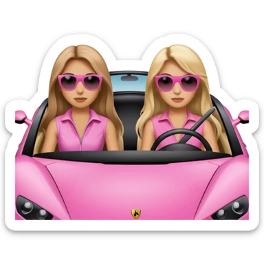 Make car far away so I can see full car Car facing forward in sports car. Make hair long  two girls in car far away Front of car sitting in the seats. Make it a pink sports car. They are two baddies make it a Lamborghini pink car  sticker