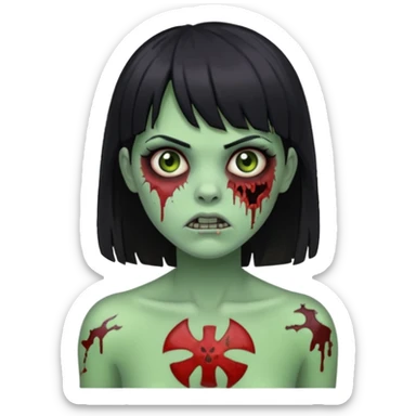 Um zumbi feminino, com cabelo preto e franja, machucados pelo rosto e torso, fundo escuro destacando o rosto com sombras pele verde sticker
