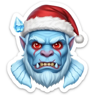 Fantasy orc portrait emoji, Santa Claus hat with icy texture, frozen scar glowing deep red against icy blue skin tones, primal winter survival theme, restrained detail, clean readable emoji style, male/female variant
 sticker