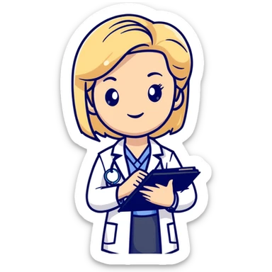 blonde female doctor in white coat with clipboard sticker