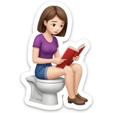 A woman is sitting on the toilet, her pants are pulled down and she it reading a book. She is struggling because she tries to poop. Side view sticker