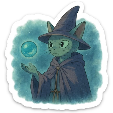 alien cat wizard with a floating orb in a mystical atmosphere sticker