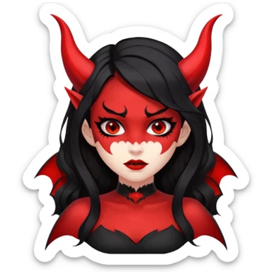 demon girl, skin red , black long hair, small horns, bat wing, black open-back dress, bold black outlines, red+black palette sticker