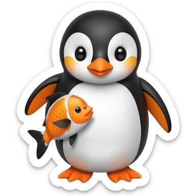 A cute penguin doll holding an orange fish. sticker