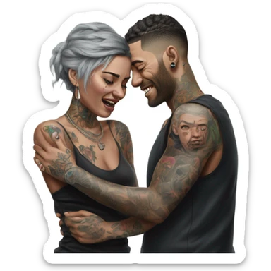 Hyper Realistic Beautiful tattooed woman crying pulling her boyfriends hand  sticker