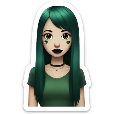 big septum piercing goth girl black long hair with dark green bangs sticker