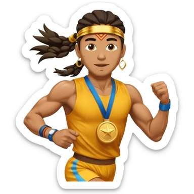 shaman picking running a marathon with gold medal sticker