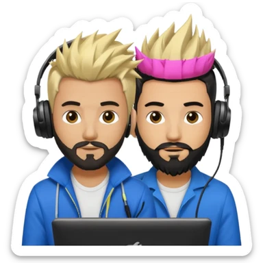 Two male dj’s, one with a long spiky Blonde hair, the second one black short hair and black beard sticker