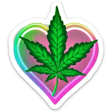 Sparkling 420 leaf hemp leaf inside a holographic neon graffiti pixel heart sticker