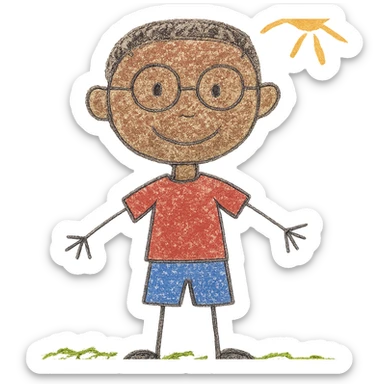 10 year old boy, brown skin, wearing glasses, short hair, children's drawing style sticker