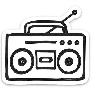 Boombox icon, hand drawn, black outlines, no fill, simple and clean, side view sticker