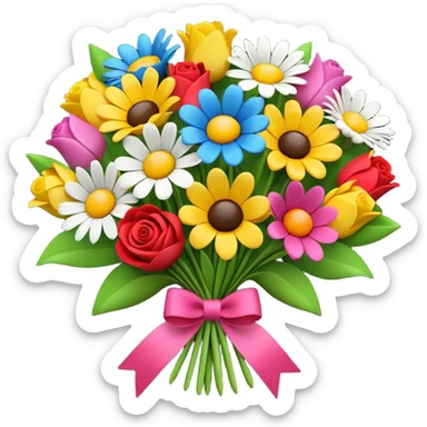 Apple-style 3D emoji of a colorful flower bouquet, tied together with a small ribbon, different bright flowers like roses, tulips and daisies, cheerful and elegant design, no background sticker