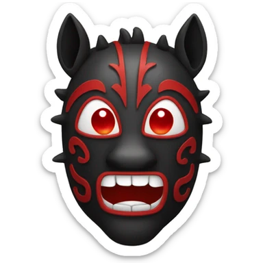 Black tribal mask of a smiling horse with red eyes in front sticker