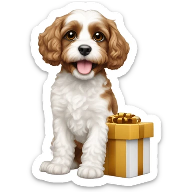 Brown and white cavapoo and new year gift box sticker