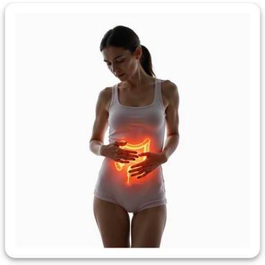 standing woman with suffering face, hands on abdomen, intestinal area highlighted with red or orange halo, hyperrealistic 4K details, vertical 9:16 format, isolated white background sticker