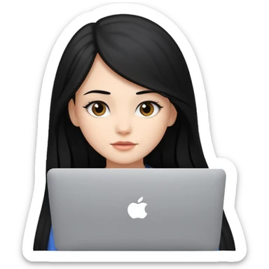 girl with black long hair working in a macbook  sticker