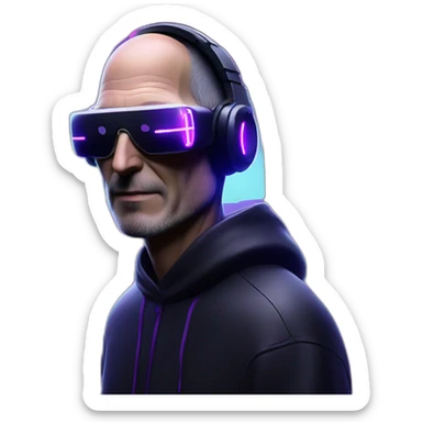 Steve Jobs wearing a black hoodie with "OMG" letters on it and VR headset in a cyberpunk VR environment with violet neon lighting. sticker