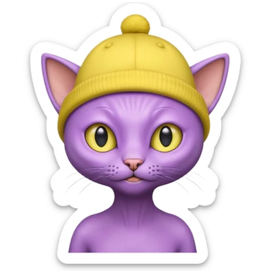 purple alien cat with no fur and yellow hat sticker