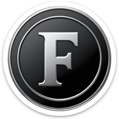 Emoji icon of a black coin with engraved letter F, minimalist style, isolated, only black color sticker