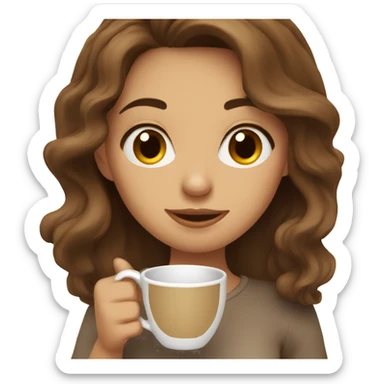 Wavy brown hair girl drinking coffee in a beige cup sticker