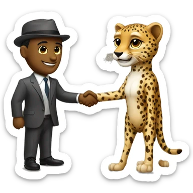 A cheetah in a classic suit shakes hands with a man  sticker