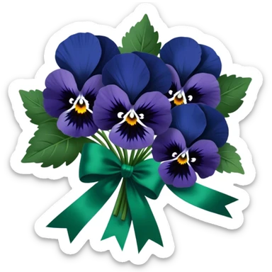 A gracefully arranged bouquet of navy blue pansies, tied with an elegant emerald green satin ribbon. sticker