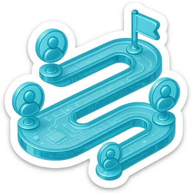 Flat icon of a winding path with user avatars and milestones, cyan blue sticker