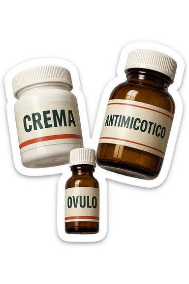 boccette di farmaci fluttuano in aria con le scritte: crema, ovulo o antimicotico in italiano sulle etichette, IPERREALISTICO 4K sticker