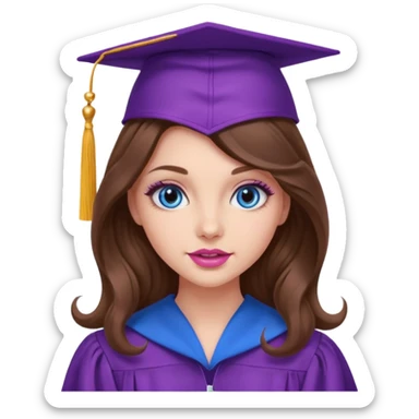 girl with gorgeous curled long brown hair, blue eyes, long lashes makeup, sexy pink lips, wearing a purple graduation cap and gown sticker