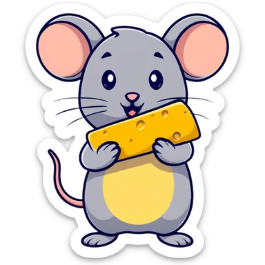 Adorable cartoon mouse holding a piece of cheese sticker