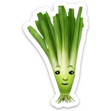 a leek with a face, arms and hands using a laptop sticker
