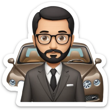 Professor Bentley Dyed black gray hair  frencb beard graying indian guy in suit with a bentley car. Older look with glasses slight balding sticker