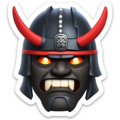 3D cartoon-style icon designed for a Discord server, inspired by a samurai theme with a dark and powerful aesthetic. fierce face of the samurai with sharp teeth and glowing eyes, the traditional samurai armor, and the use of red, black, and blue colors. sticker