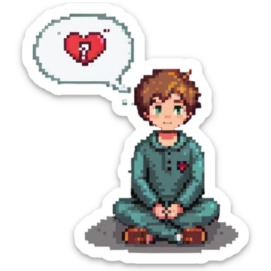 boy sitting, looking thoughtful, with a thought bubble containing a heart and question mark sticker