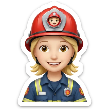 Young girl, firefighter helmet, smiling brightly sticker