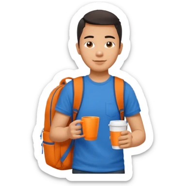 an asian man in blue t-shirt with orange cup of coffee and backpack on the back. Eiffel tower on the background. shoulder length picture sticker