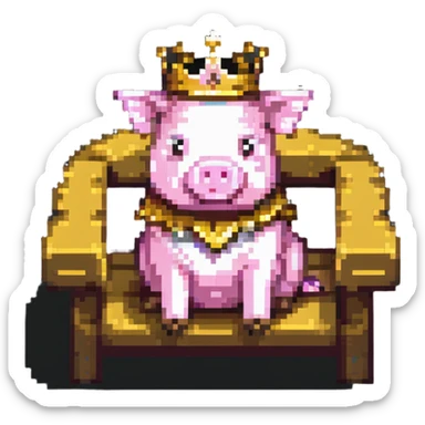 simple ultra-low pixel count pixel art of a pig with a golden crown sitting on a throne, blocky and square like Minecraft sticker