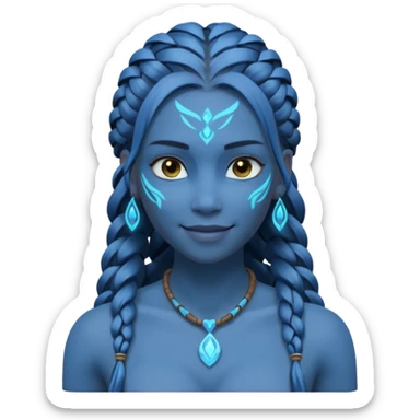 avatar-style Na’vi female portrait, head and shoulders only, blue skin, glowing bioluminescent markings, long braided hair, subtle tribal jewelry, confident smile, 3D cartoon, mobile game icon style, clean background, no text, no watermark
 sticker