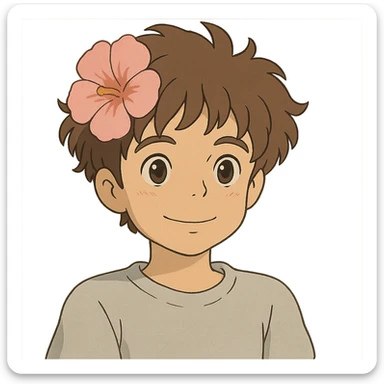 a boy with fluffy, wavy short hair and brown eyes, wearing a light grey t-shirt and a light pink flower on his head, ghibli style sticker