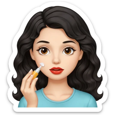 A gorgeous with black wavy hair women applying cute thin lipbalm on her brown lips sticker