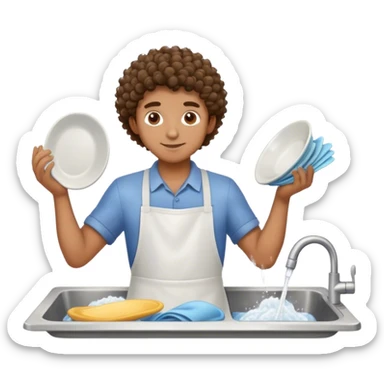 Brown boy with curly hair washing dishes  sticker