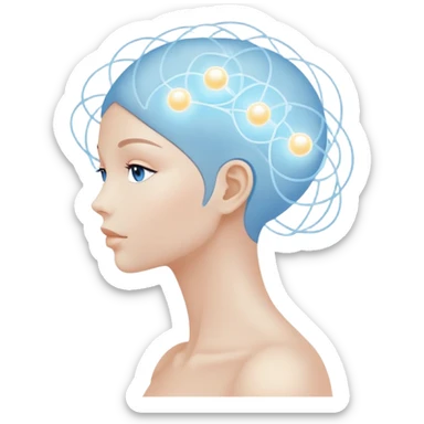 elegant human silhouette with delicate interconnected lines and floating orbs, luminous cores at head and heart, soft white-blue light sticker