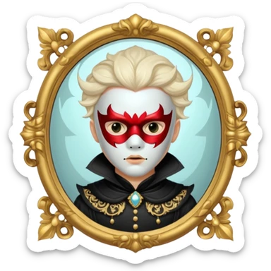 Spooky killer on mask on fancy mirror behind boy sticker