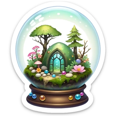 Sparkly shiny iridescent Mystical woodland glass-dome-terrarium-globe with moss inside, with marbles, with pebbles, crystals, with bones inside, and flowers inside  sticker