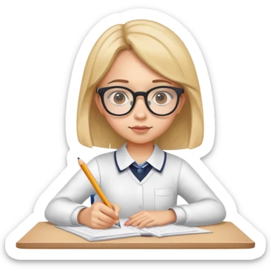 Girl student with glasses focused on exam papers, writing with pencil sticker