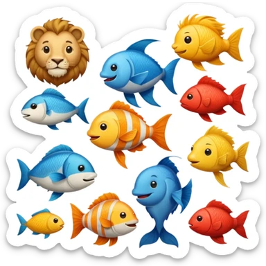 cheerful emoji of a group of animals including lion, bird, fish standing together symbolizing biodiversity sticker