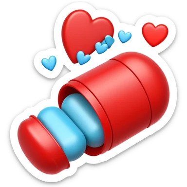 pill capsule split open with tiny hearts coming out playful emoji style sticker