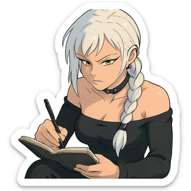  she is scribbling furiously in a notebook, a closeup portrait of young woman with gold yellow eyes, white hair, long braid, black off-shoulder top d-cup, punk gothic style, futuristic cyberwave cyberpunk, sitting position
 sticker