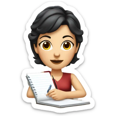 white skin mom with short dark hair writing  a notebook on a wooden desk  sticker