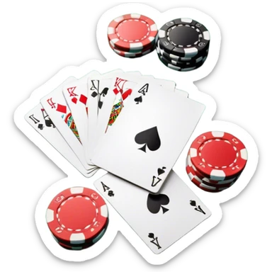A photorealistic icon featuring playing cards and a stack of poker chips on a green felt table. Bright, detailed design with realistic textures and lighting. Transparent background, clearly symbolizing card games and strategy. sticker